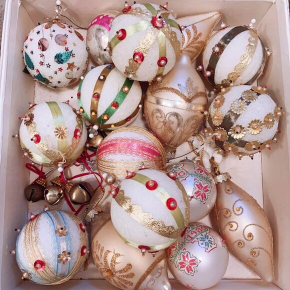 Vintage Handmade Beaded Diamond Crusted Sequins Christmas Ball Ornament Set of 9 - Picture 6 of 8